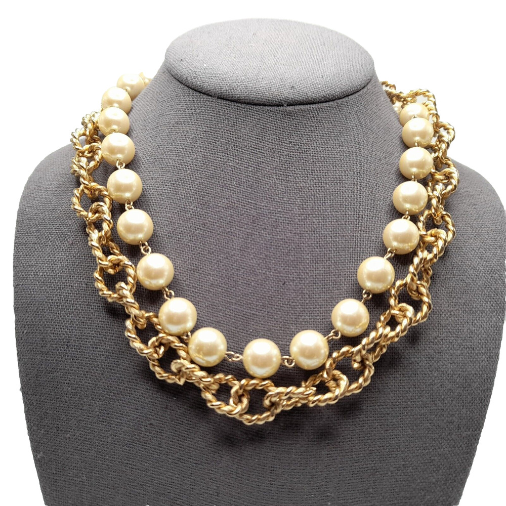Vintage Faux Pearl Double Strand Necklace Gold Rope Chain 1980s